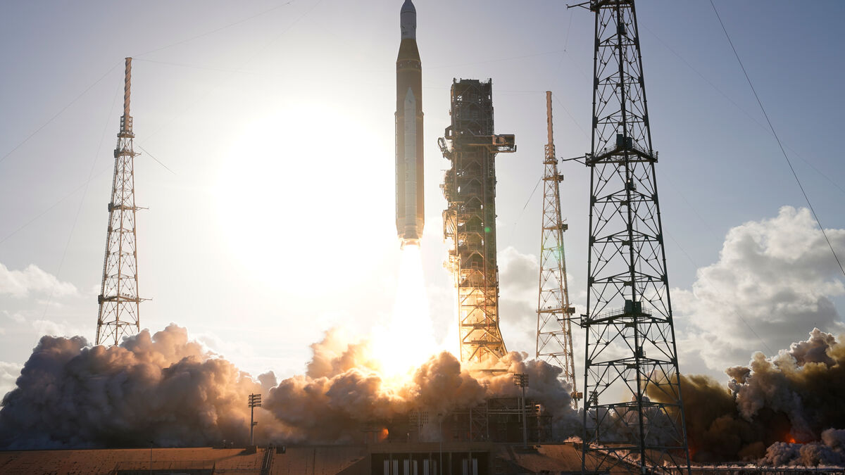 Here the moon rocket lifts off - no one has been further away from Earth