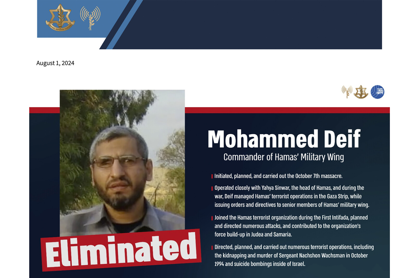 Hamas confirms: Military Chief Mohammed